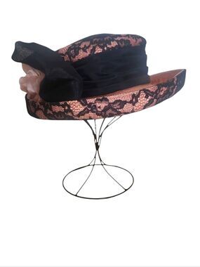 Vintage Whitall & Shon Pink & Black Lace Trimmed Hat | Statement Occasion Hat